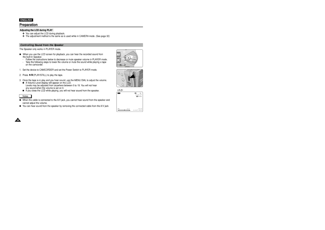 Samsung VP-D5000i instruction manual Controlling Sound from the Speaker, Adjusting the LCD during Play 