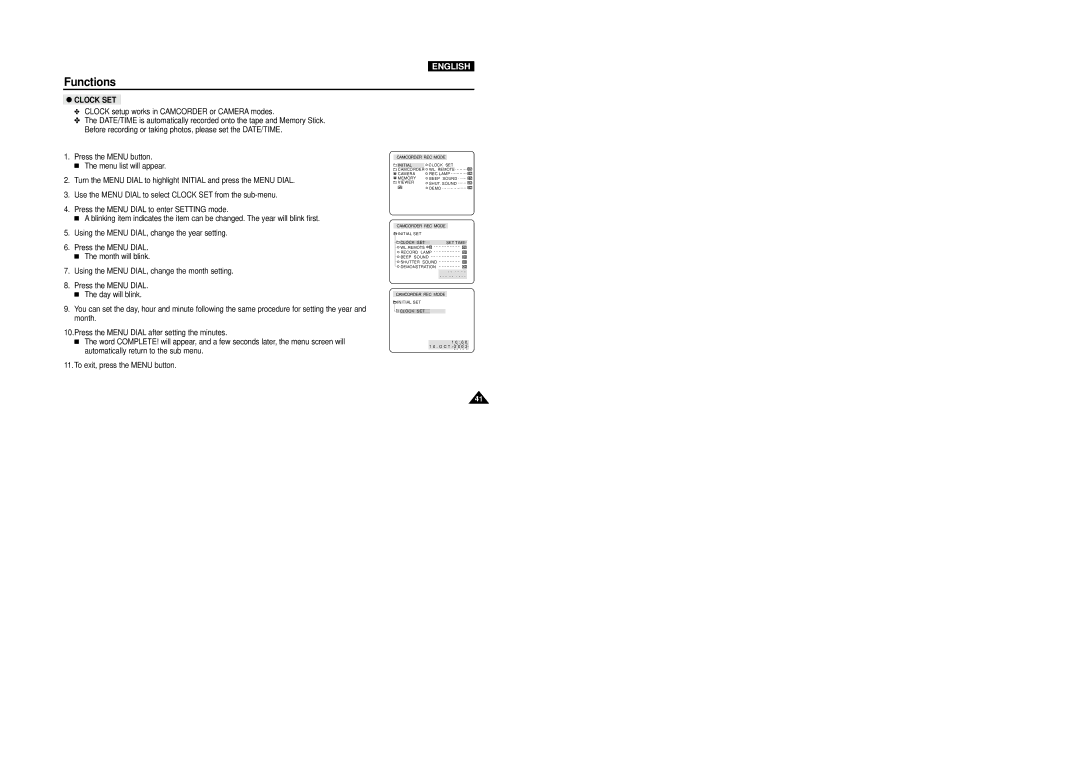 Samsung VP-D5000i instruction manual Clock SET 