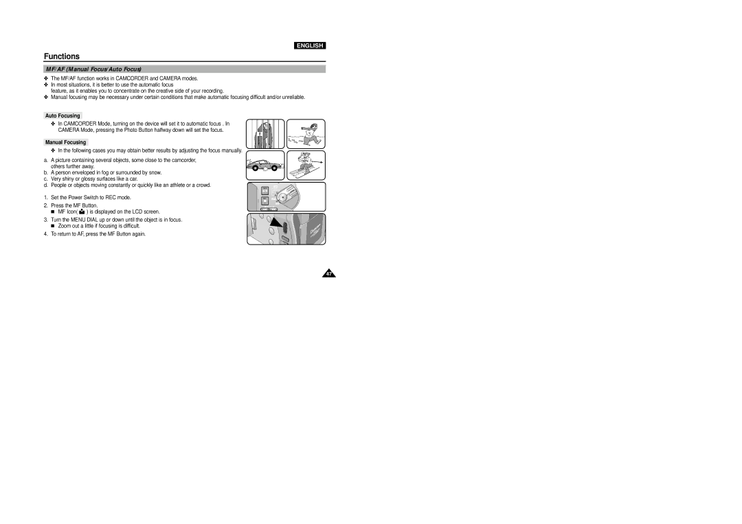 Samsung VP-D5000i instruction manual MF/AF Manual Focus/Auto Focus, Auto Focusing, Manual Focusing 