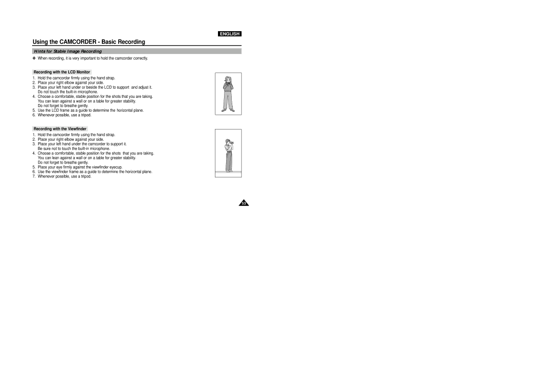 Samsung VP-D5000i Hints for Stable Image Recording, Recording with the LCD Monitor, Recording with the Viewfinder 