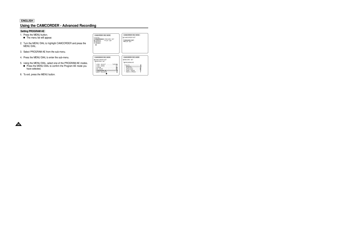 Samsung VP-D5000i instruction manual Setting Program AE, Menu Dial 