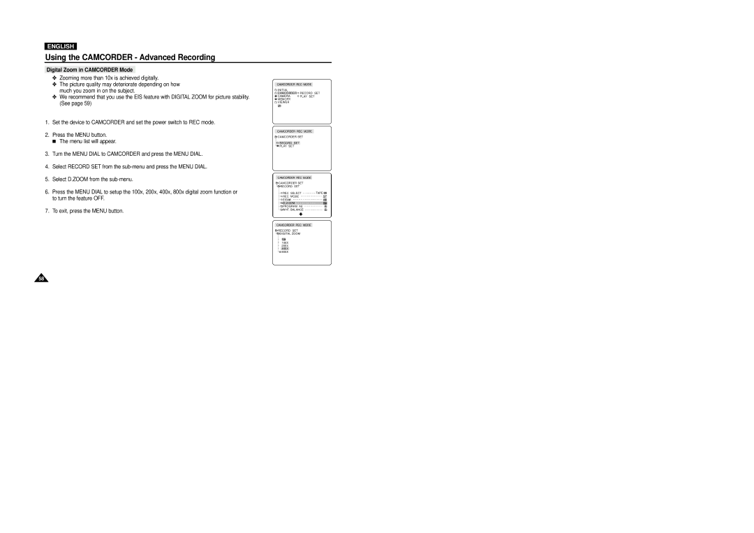 Samsung VP-D5000i instruction manual Digital Zoom in Camcorder Mode 