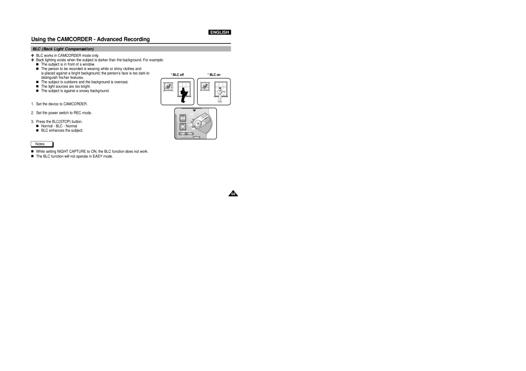 Samsung VP-D5000i instruction manual BLC Back Light Compensation 