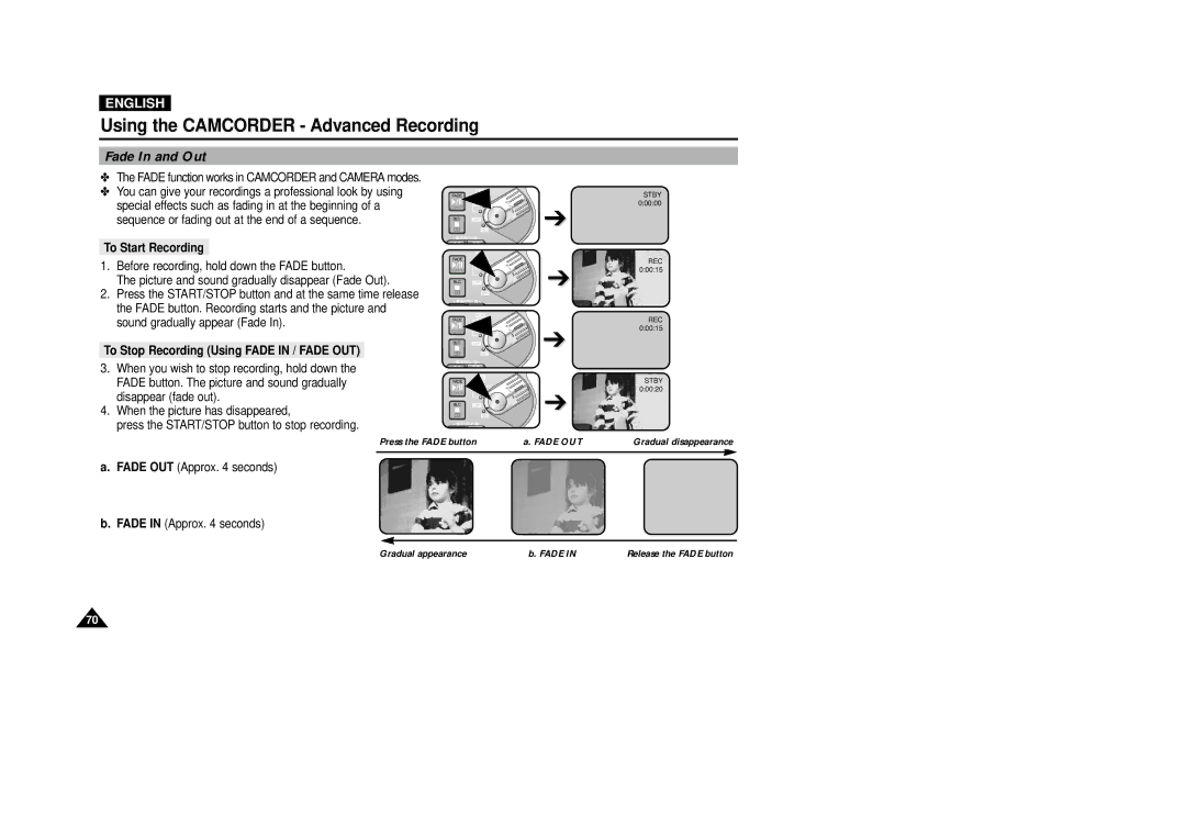 Samsung VP-D5000i instruction manual Fade In and Out, To Start Recording, To Stop Recording Using Fade in / Fade OUT 