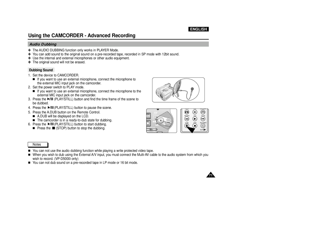 Samsung VP-D5000i instruction manual Audio Dubbing, Dubbing Sound 