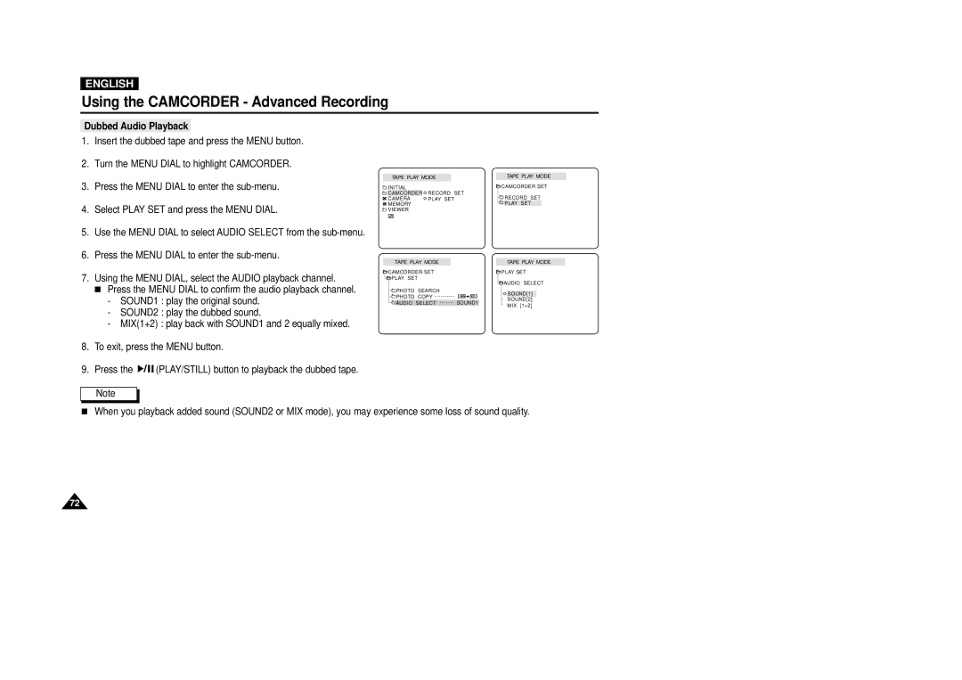 Samsung VP-D5000i instruction manual Dubbed Audio Playback 