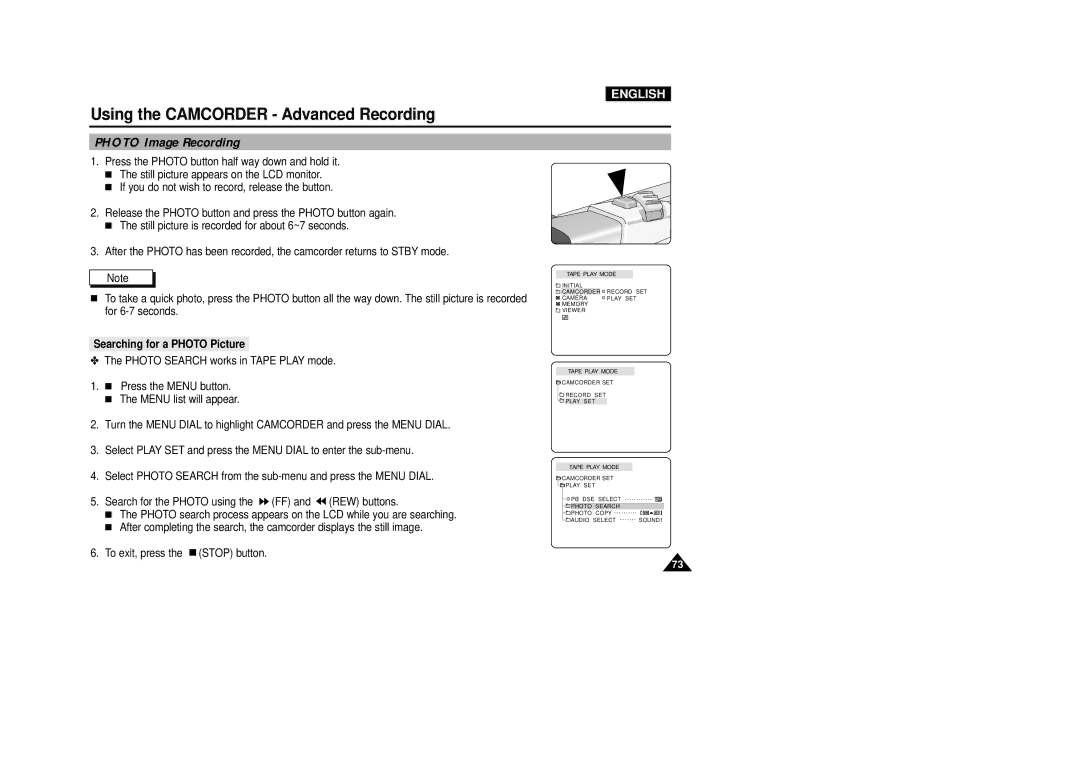 Samsung VP-D5000i instruction manual Photo Image Recording, Searching for a Photo Picture 