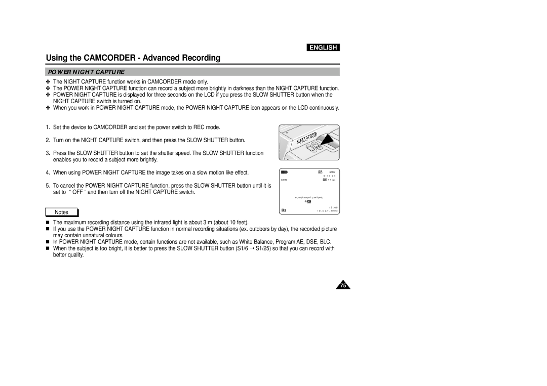 Samsung VP-D5000i instruction manual Power Night Capture 