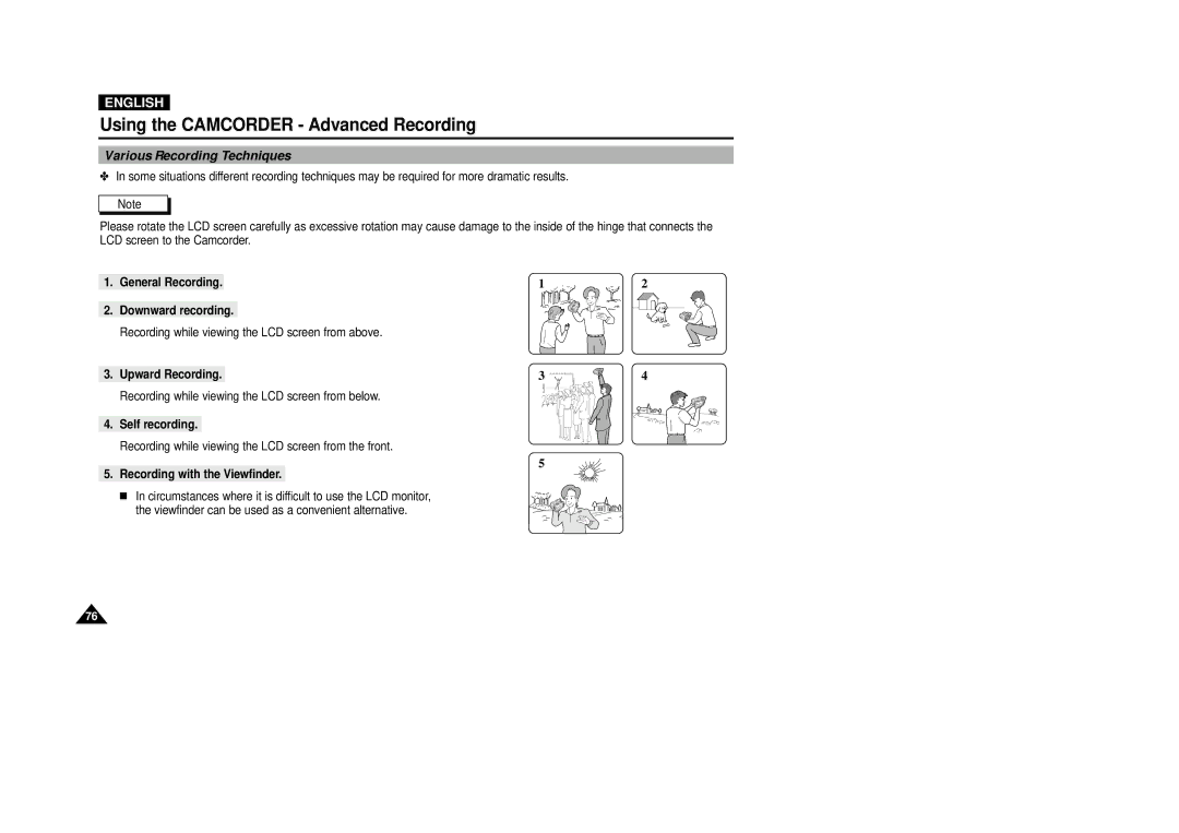 Samsung VP-D5000 Various Recording Techniques, General Recording Downward recording, Upward Recording, Self recording 