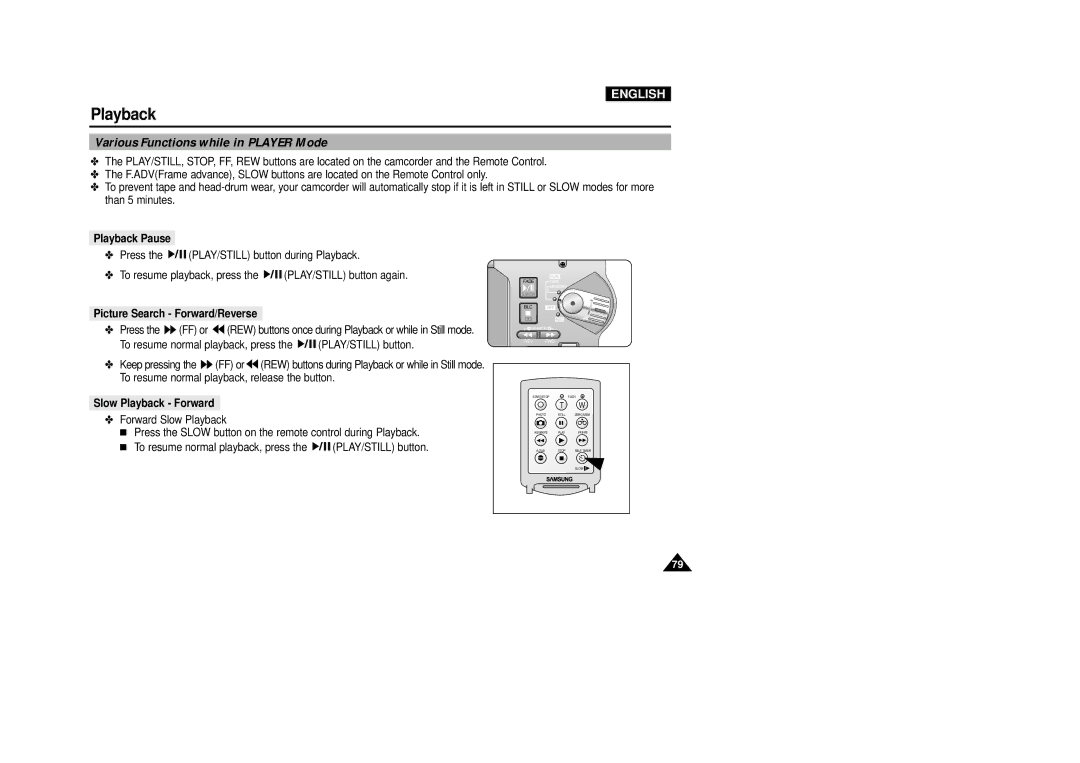 Samsung VP-D5000i instruction manual Various Functions while in Player Mode, Playback Pause, Picture Search Forward/Reverse 