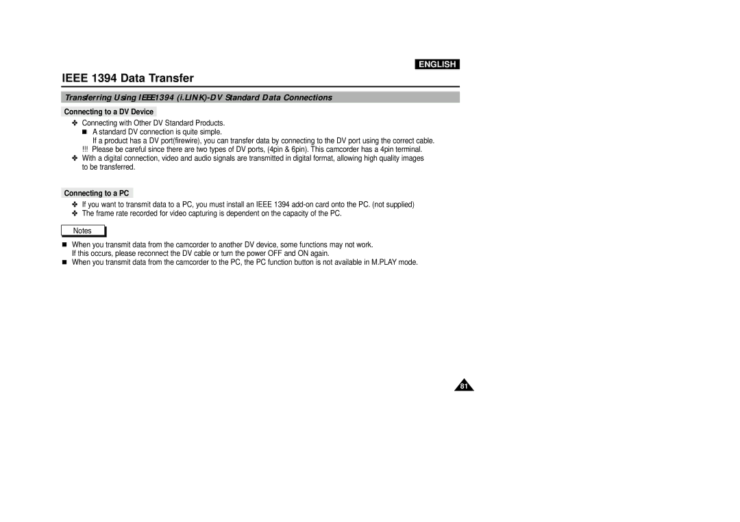 Samsung VP-D5000i instruction manual Ieee 1394 Data Transfer, Connecting to a DV Device, Connecting to a PC 