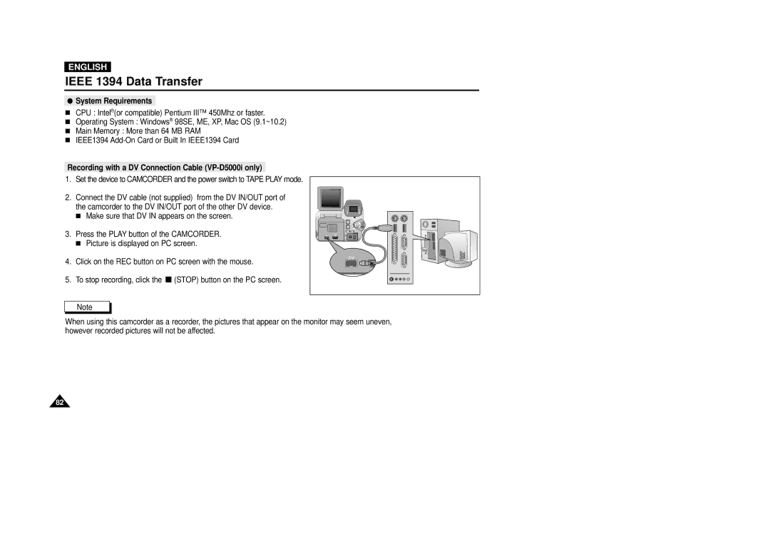 Samsung instruction manual System Requirements, Recording with a DV Connection Cable VP-D5000i only 