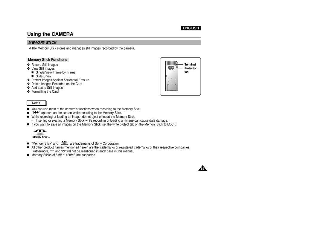 Samsung VP-D5000i instruction manual Using the Camera, Memory Stick 