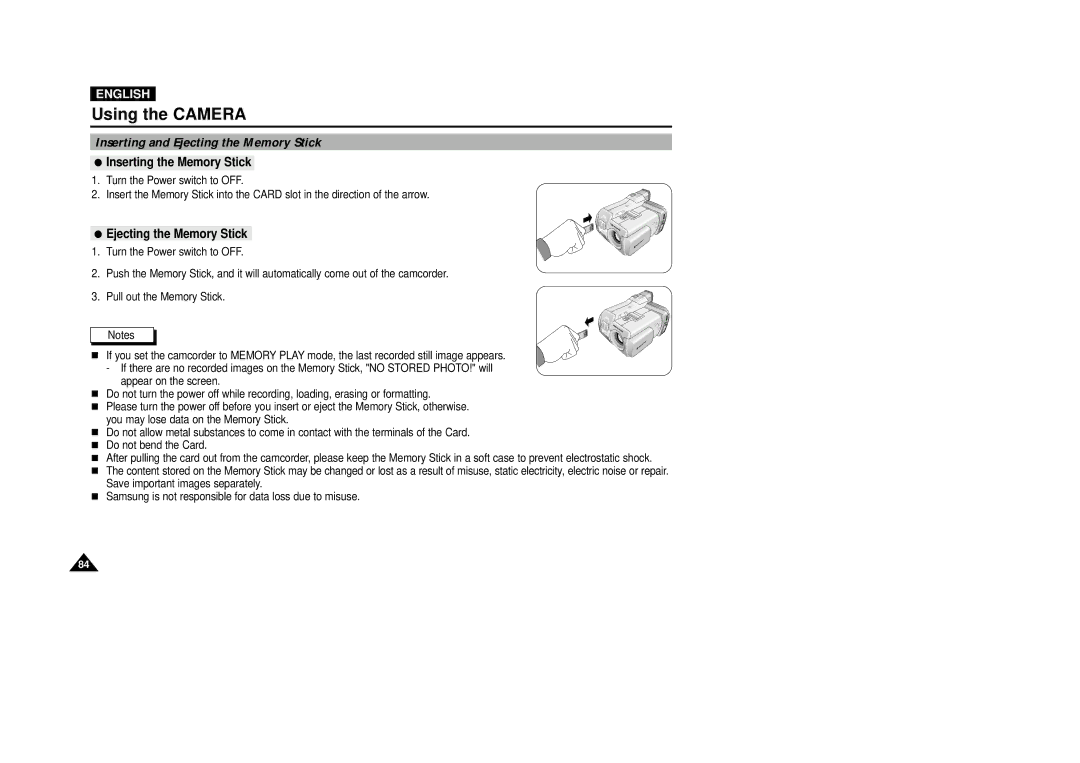 Samsung VP-D5000i instruction manual Inserting and Ejecting the Memory Stick, Inserting the Memory Stick 