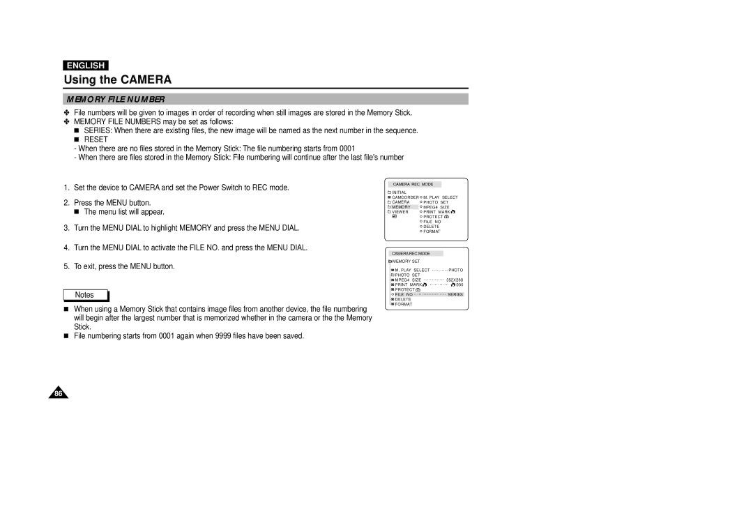 Samsung VP-D5000i instruction manual Memory File Number, Reset 