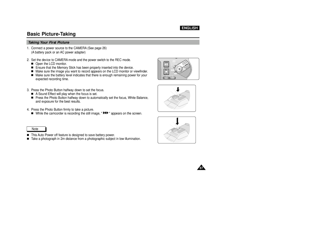 Samsung VP-D5000i instruction manual Basic Picture-Taking, Taking Your First Picture 