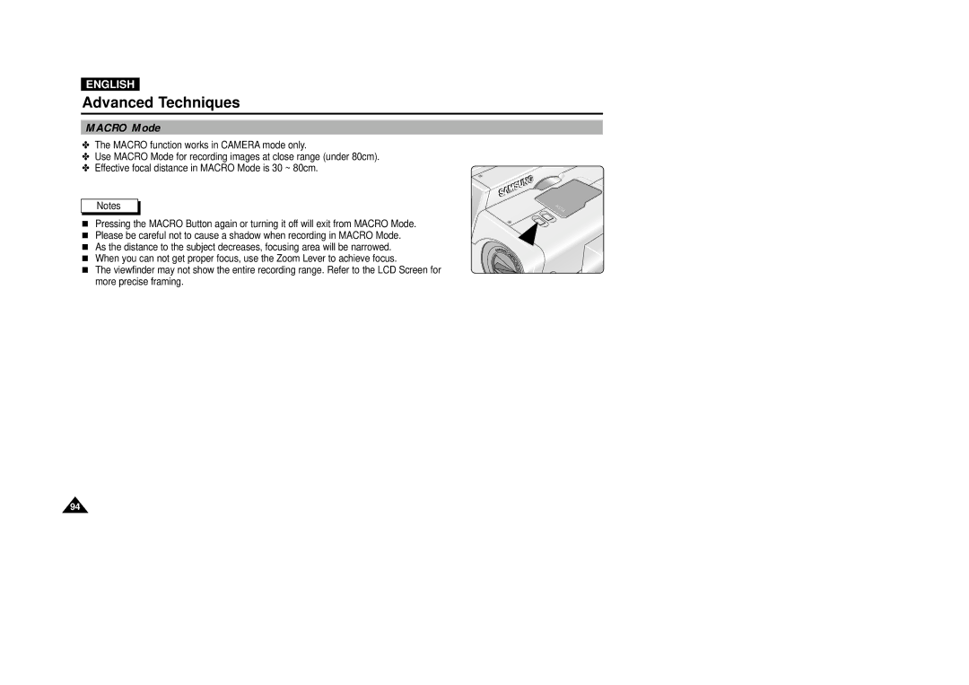 Samsung VP-D5000i instruction manual Macro Mode 