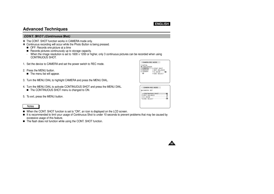 Samsung VP-D5000i instruction manual CONT. Shot Continuous Shot 