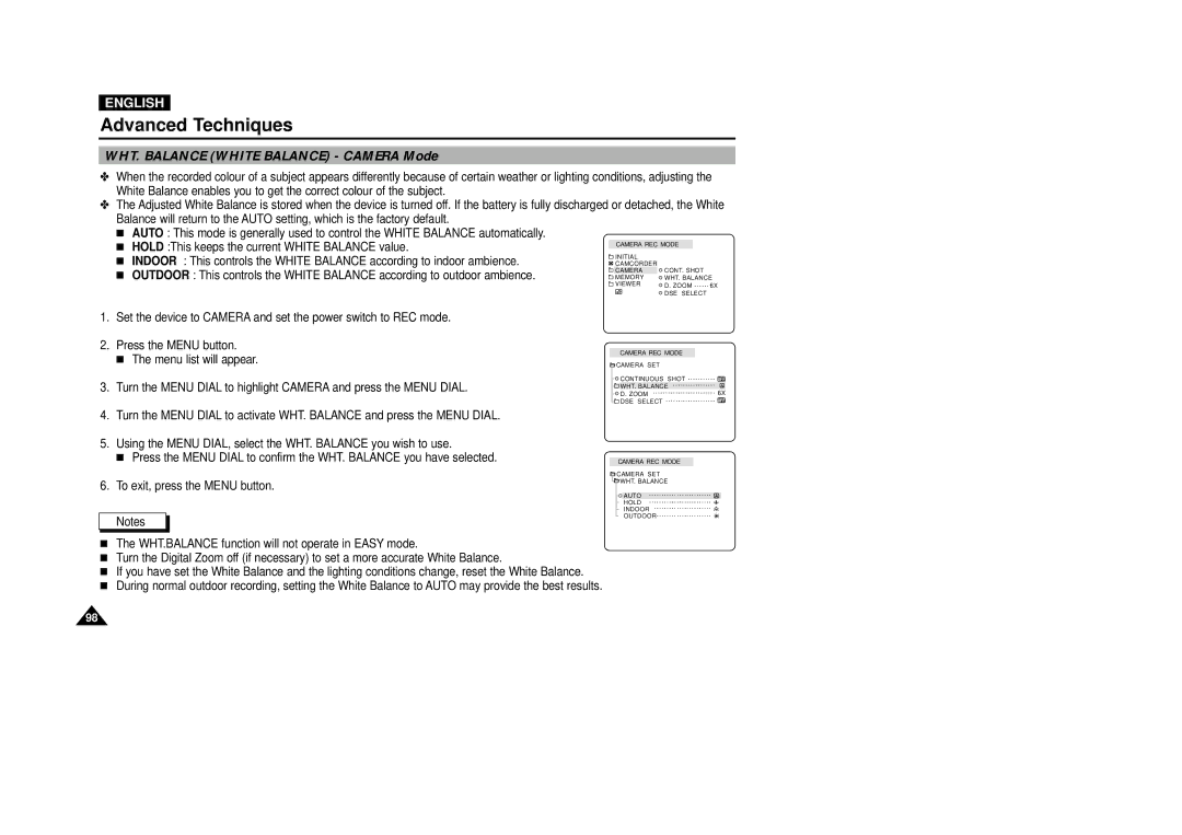 Samsung VP-D5000i instruction manual WHT. Balance White Balance Camera Mode 