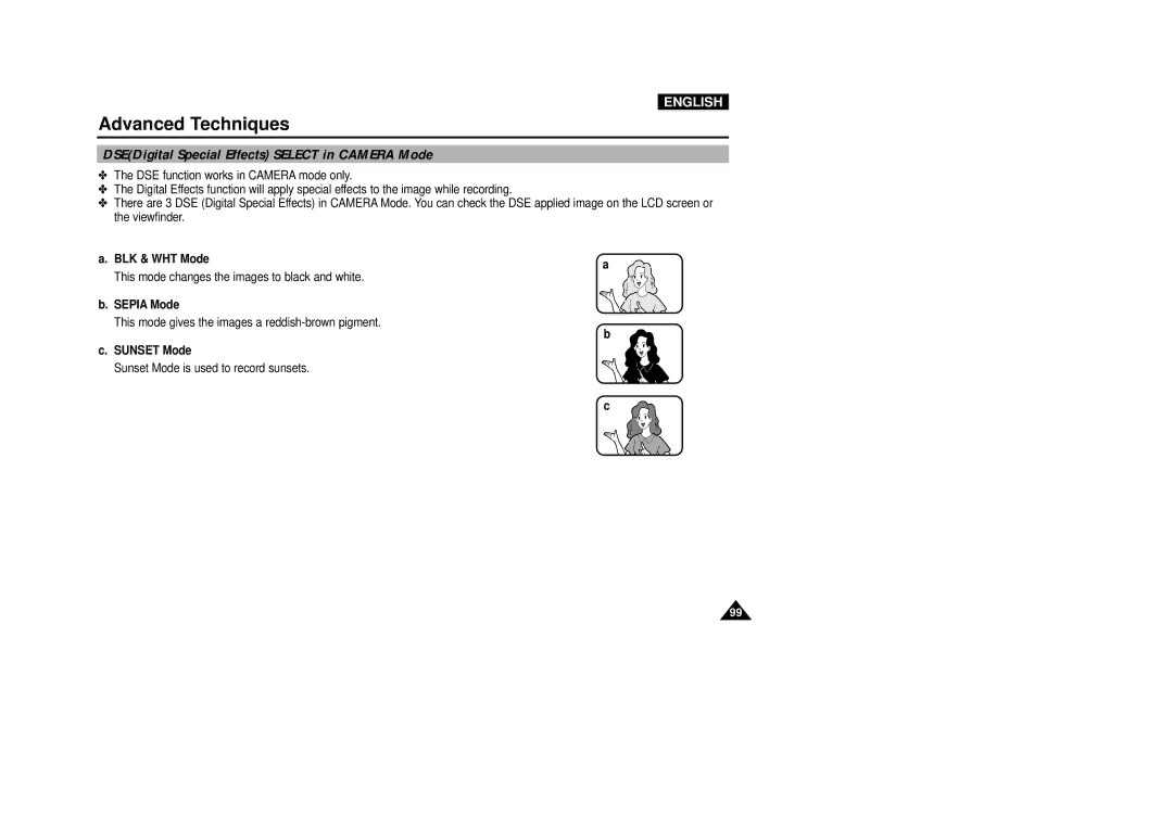 Samsung VP-D5000i DSEDigital Special Effects Select in Camera Mode, BLK & WHT Mode, Sepia Mode, Sunset Mode 