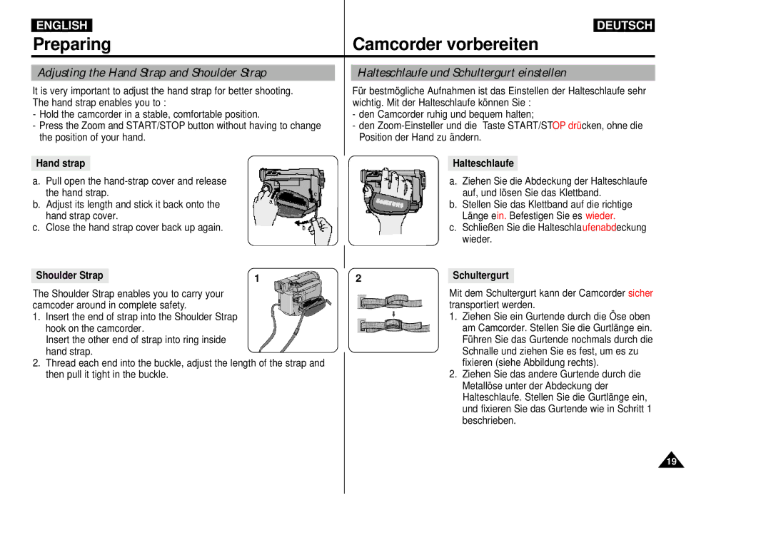 Samsung VP-D55, VP-D60, VP-D65 manual Preparing, Camcorder vorbereiten, Adjusting the Hand Strap and Shoulder Strap 