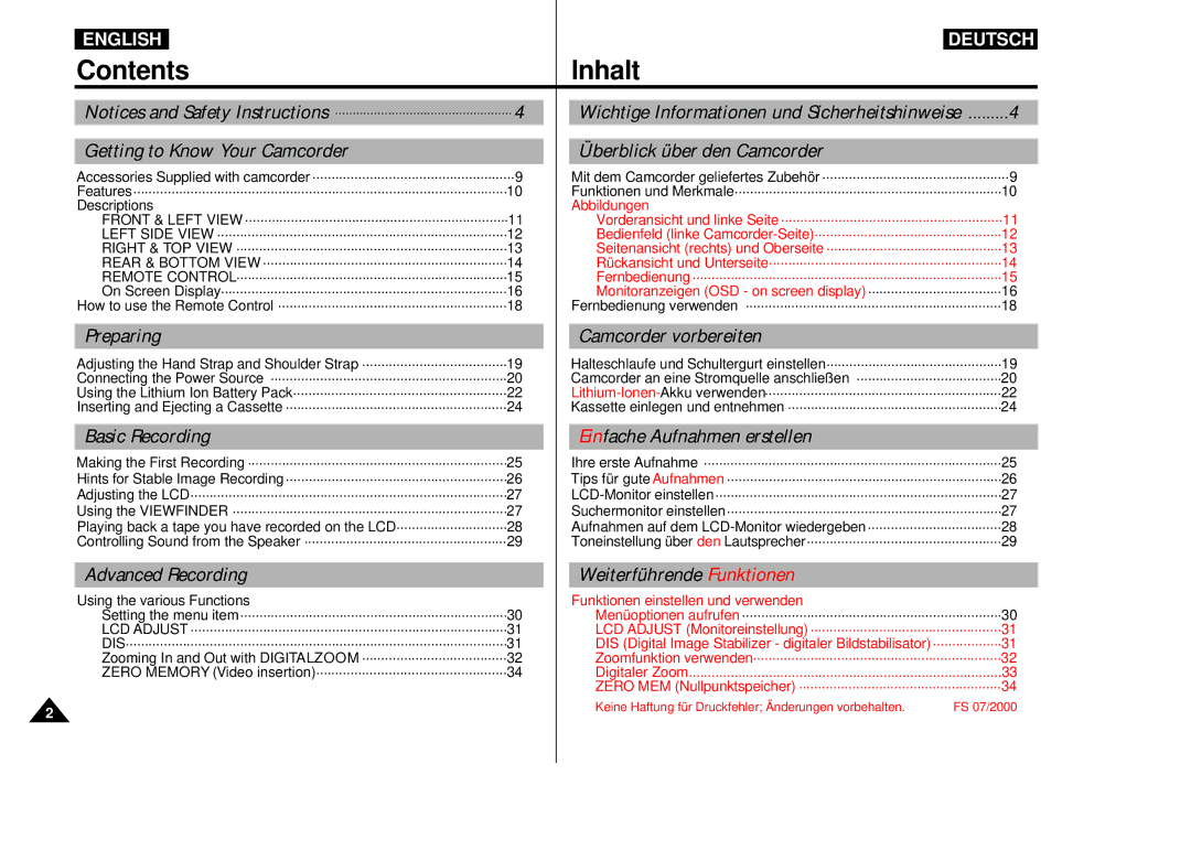 Samsung VP-D55, VP-D60, VP-D65 manual Inhalt, Contents 