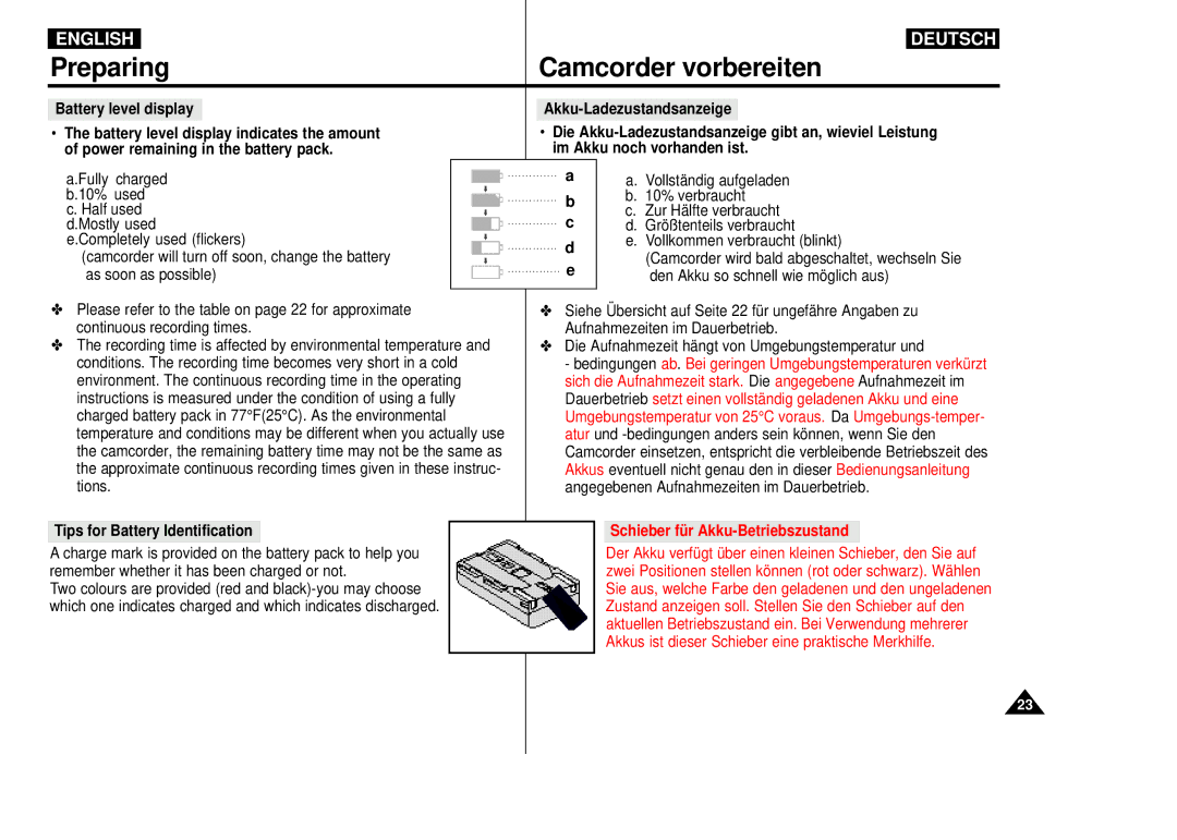 Samsung VP-D55, VP-D60, VP-D65 manual Preparing Camcorder vorbereiten, Tips for Battery Identification 