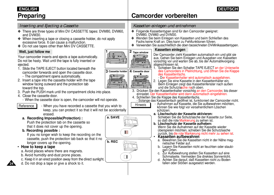 Samsung VP-D55, VP-D60, VP-D65 manual Inserting and Ejecting a Cassette, Kassetten einlegen und entnehmen 