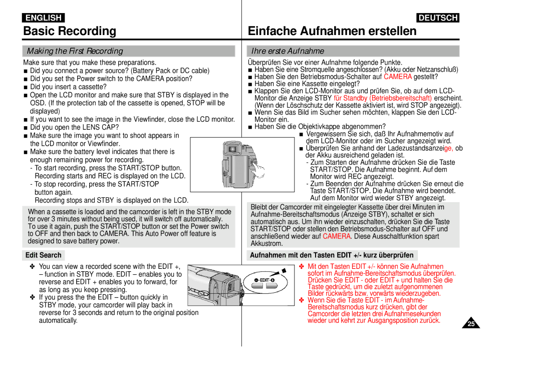 Samsung VP-D55, VP-D60, VP-D65 manual Basic Recording Einfache Aufnahmen erstellen, Edit Search 