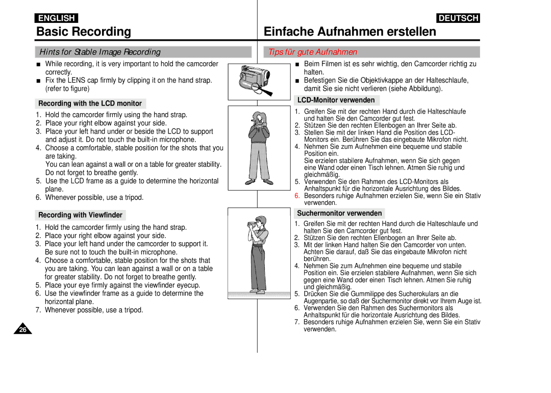 Samsung VP-D55, VP-D60, VP-D65 manual Basic Recording, Hints for Stable Image Recording, Tips für gute Aufnahmen 