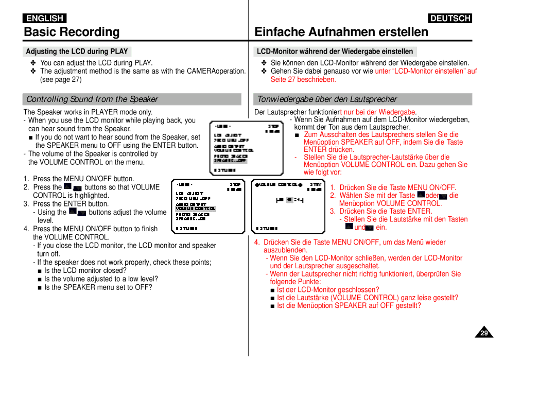 Samsung VP-D55, VP-D60, VP-D65 manual Controlling Sound from the Speaker, Tonwiedergabe über den Lautsprecher 