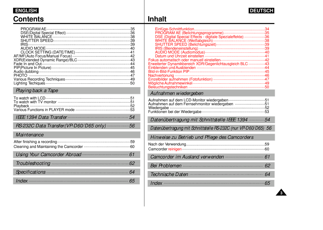 Samsung VP-D55, VP-D60, VP-D65 manual Contents Inhalt 