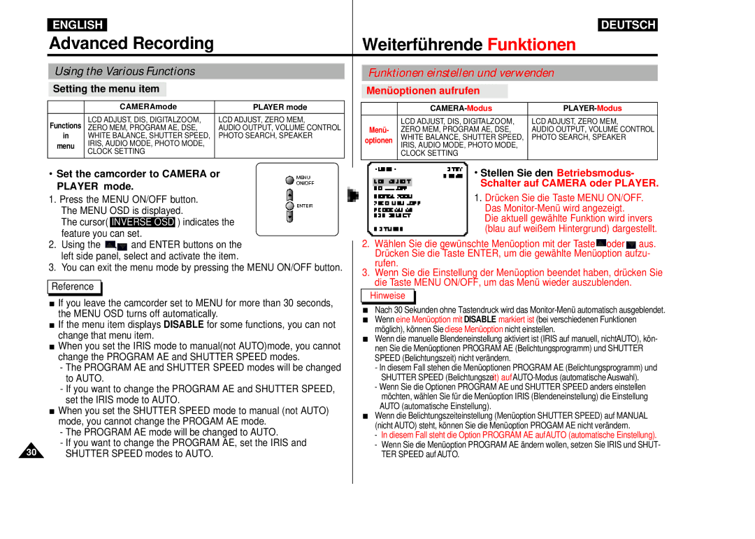 Samsung VP-D55, VP-D60, VP-D65 manual Advanced Recording, Weiterführende Funktionen, Using the Various Functions 