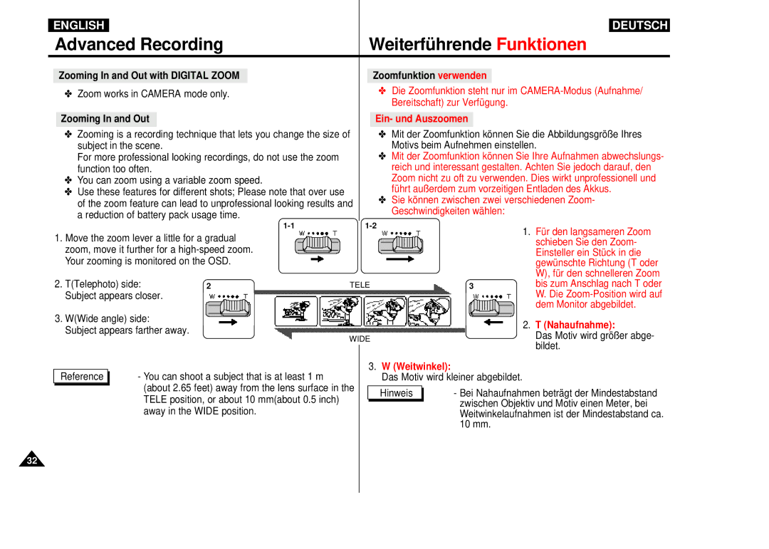 Samsung VP-D55, VP-D60, VP-D65 manual Zooming In and Out, Nahaufnahme, Weitwinkel 