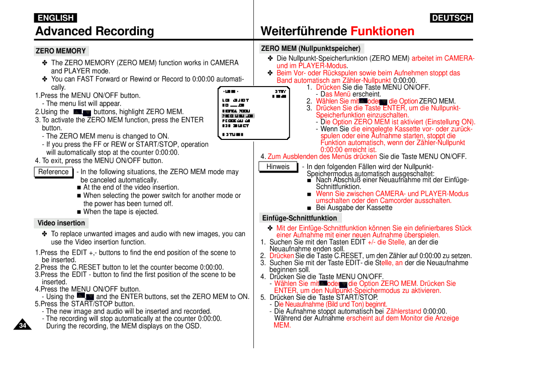 Samsung VP-D55, VP-D60, VP-D65 manual Zero Memory, Video insertion, Zero MEM Nullpunktspeicher, Einfüge-Schnittfunktion 