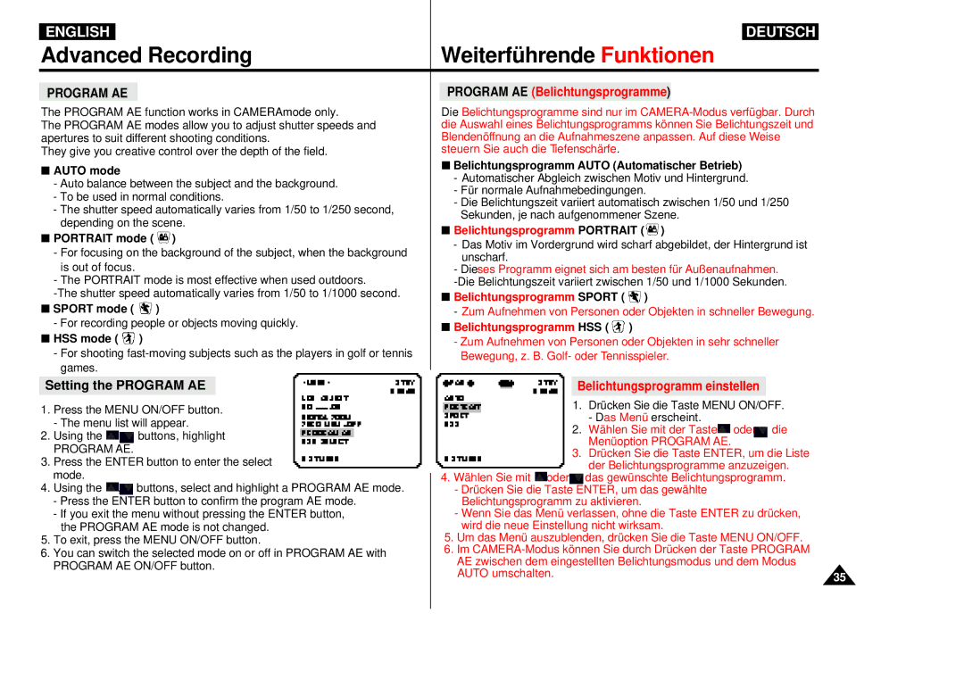 Samsung VP-D55, VP-D60, VP-D65 Setting the Program AE, Program AE Belichtungsprogramme, Belichtungsprogramm einstellen 