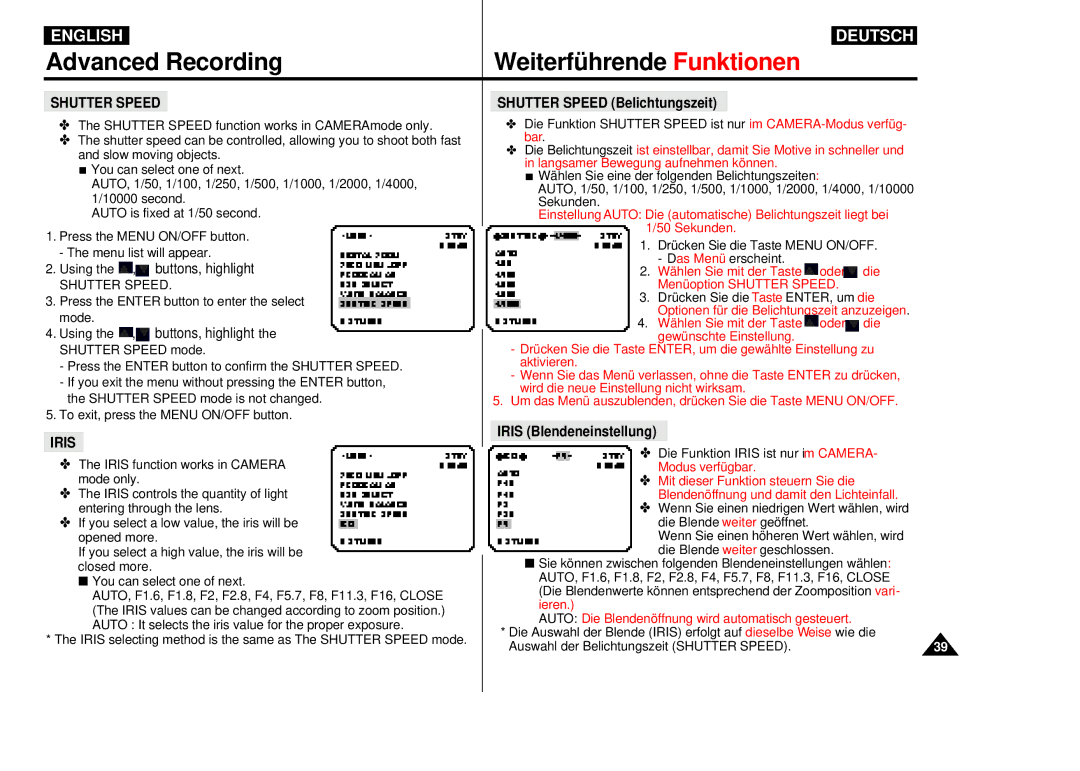 Samsung VP-D55, VP-D60, VP-D65 manual Shutter Speed Belichtungszeit, Iris Blendeneinstellung 