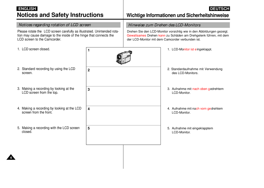 Samsung VP-D55, VP-D60, VP-D65 manual Wichtige Informationen und Sicherheitshinweise, Hinweise zum Drehen des LCD-Monitors 