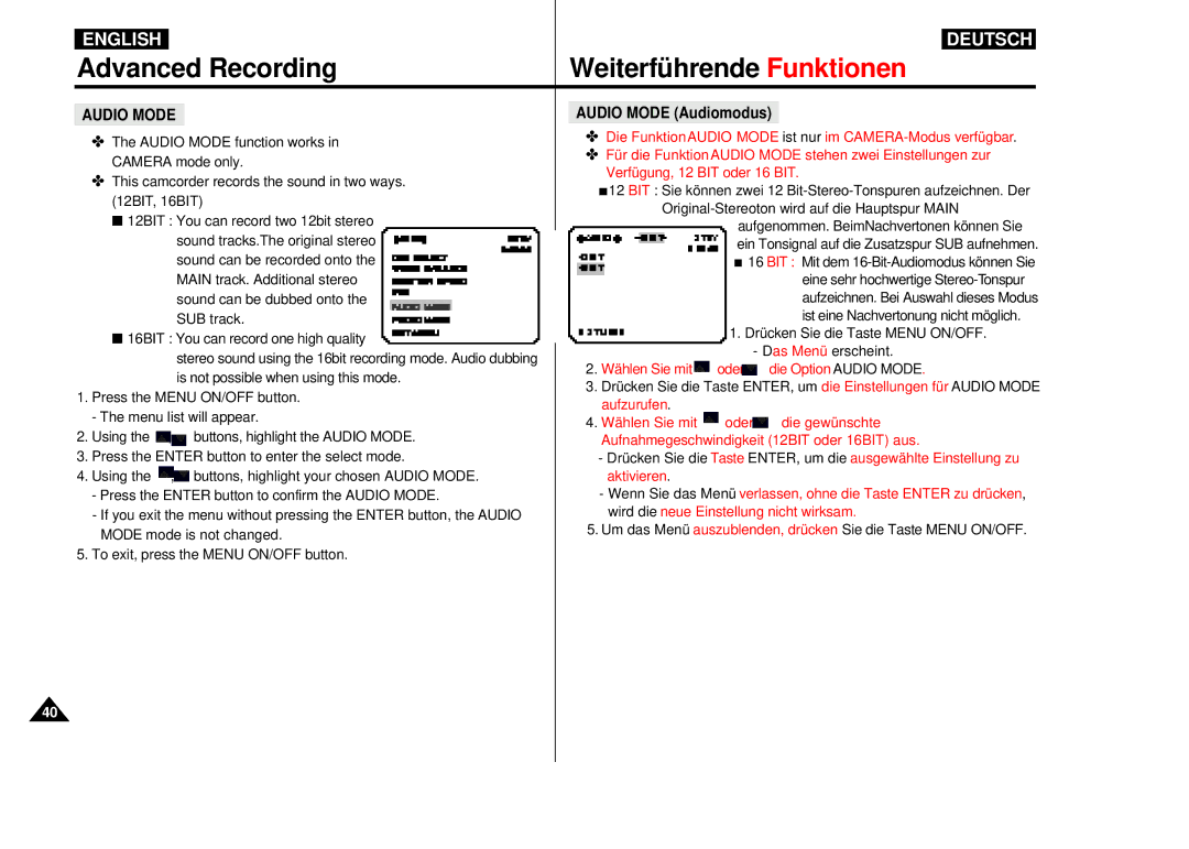 Samsung VP-D55, VP-D60, VP-D65 manual Audio Mode Audiomodus 