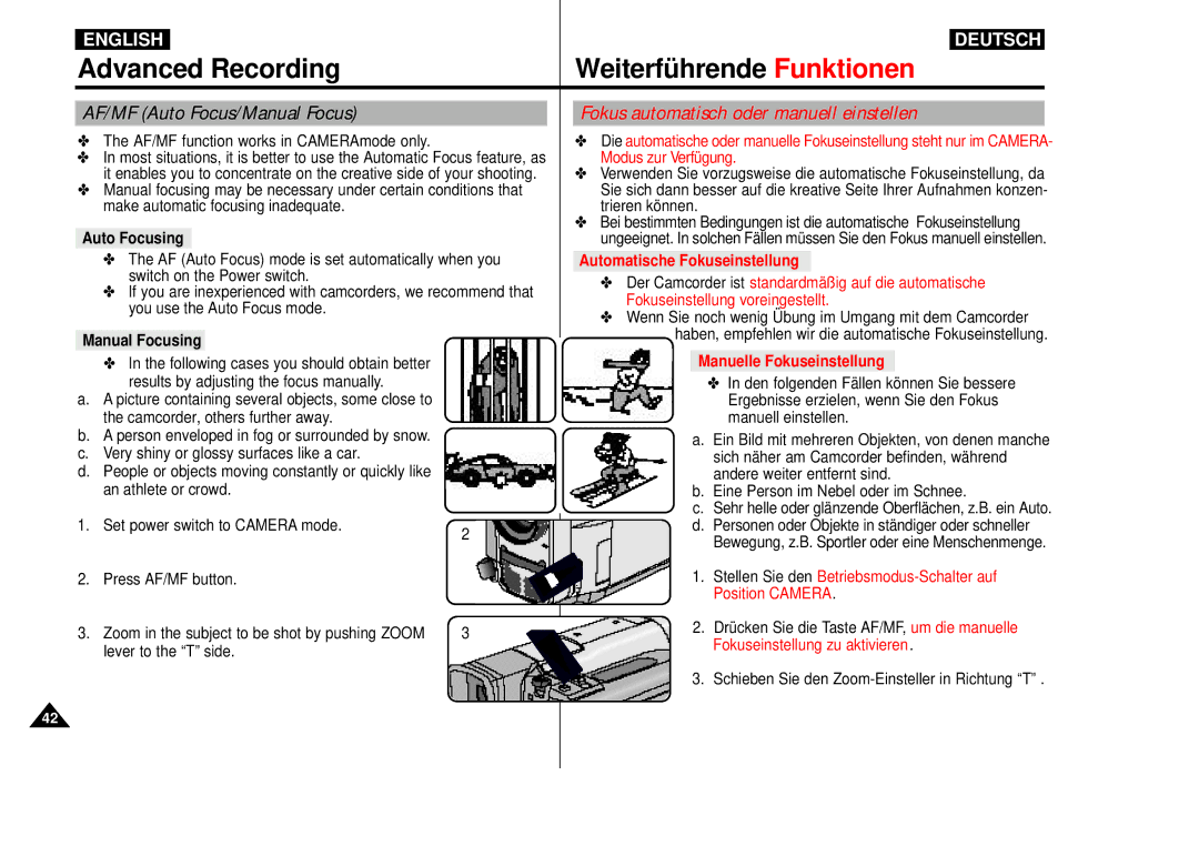 Samsung VP-D55, VP-D60, VP-D65 manual AF/MF Auto Focus/Manual Focus, Fokus automatisch oder manuell einstellen 