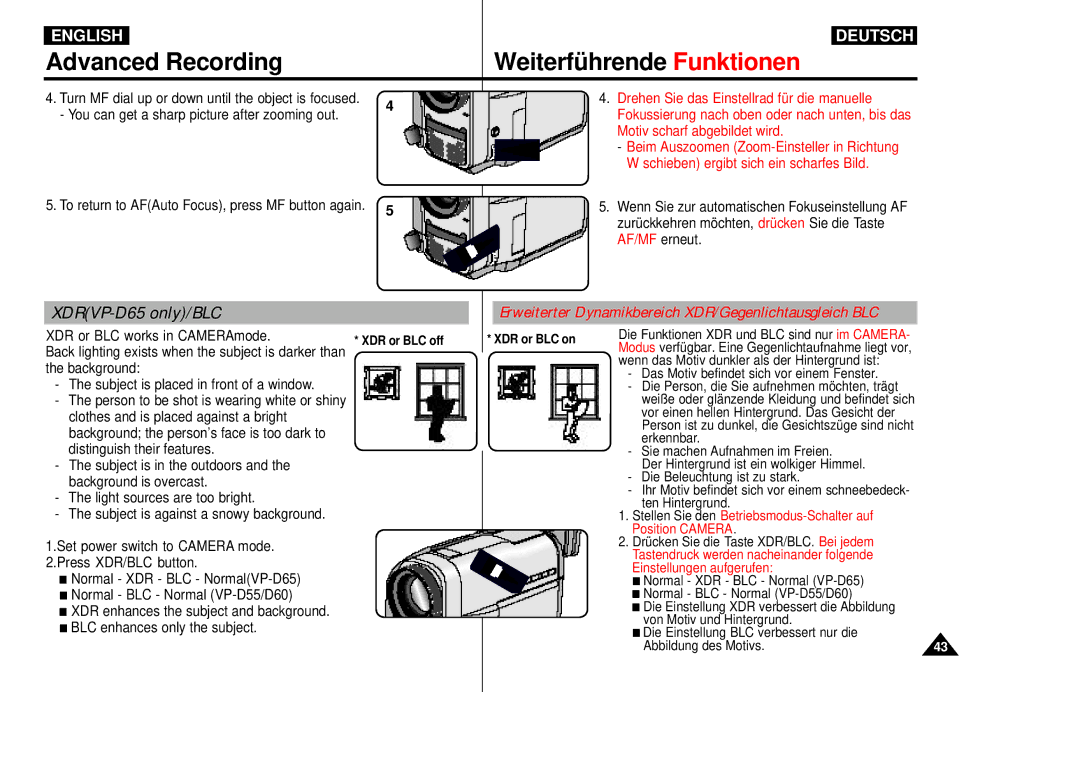 Samsung VP-D55, VP-D60, VP-D65 manual XDRVP-D65 only/BLC, XDR or BLC works in CAMERAmode, XDR or BLC off, XDR or BLC on 