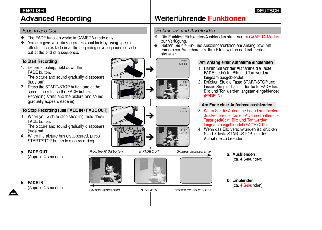 Samsung VP-D55, VP-D60, VP-D65 Fade In and Out, Einblenden und Ausblenden, To Start Recording, Einblenden ca Sekunden 