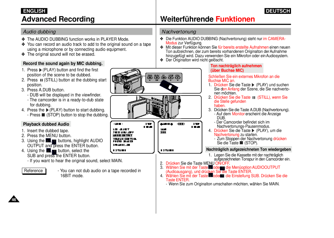 Samsung VP-D55, VP-D60, VP-D65 Audio dubbing, Nachvertonung, Record the sound again by MIC dubbing, Playback dubbed Audio 