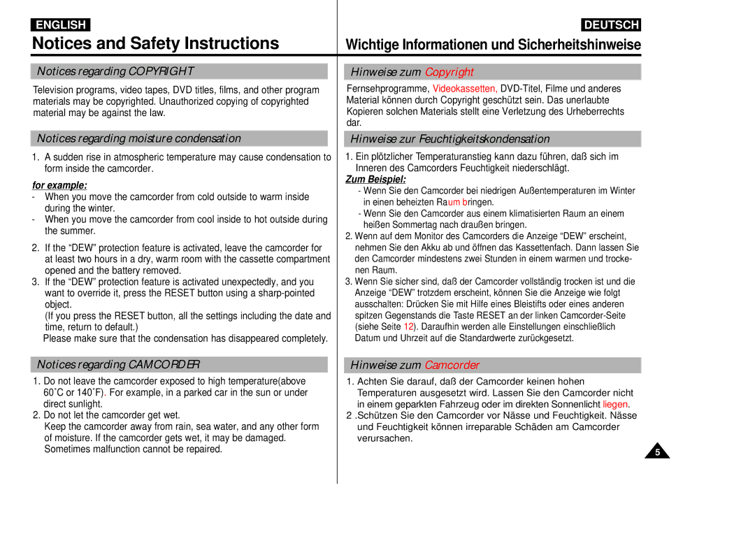 Samsung VP-D55, VP-D60, VP-D65 Hinweise zum Copyright, Hinweise zur Feuchtigkeitskondensation, Hinweise zum Camcorder 