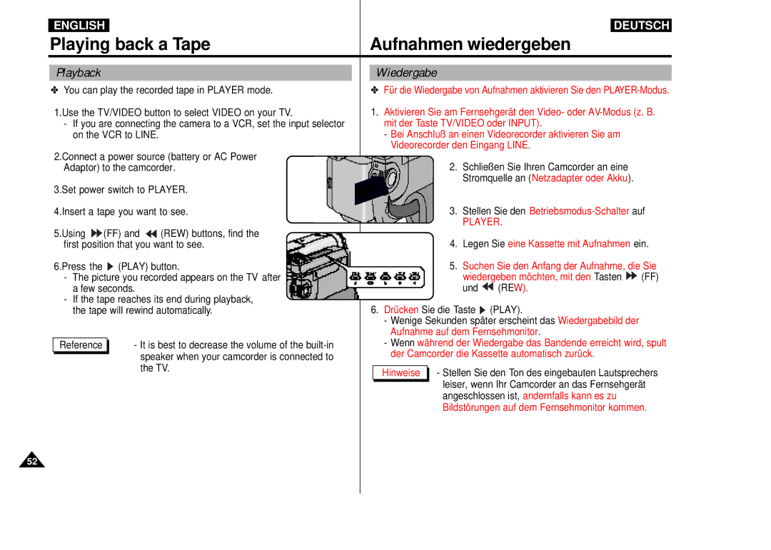 Samsung VP-D55, VP-D60, VP-D65 manual Playback, Wiedergabe, Stellen Sie den Betriebsmodus-Schalter auf 