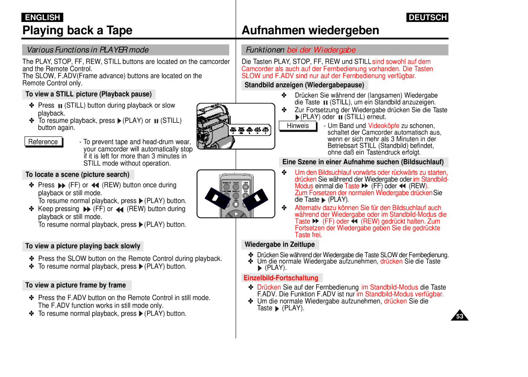 Samsung VP-D55, VP-D60, VP-D65 Various Functions in Player mode, Funktionen bei der Wiedergabe, Einzelbild-Fortschaltung 