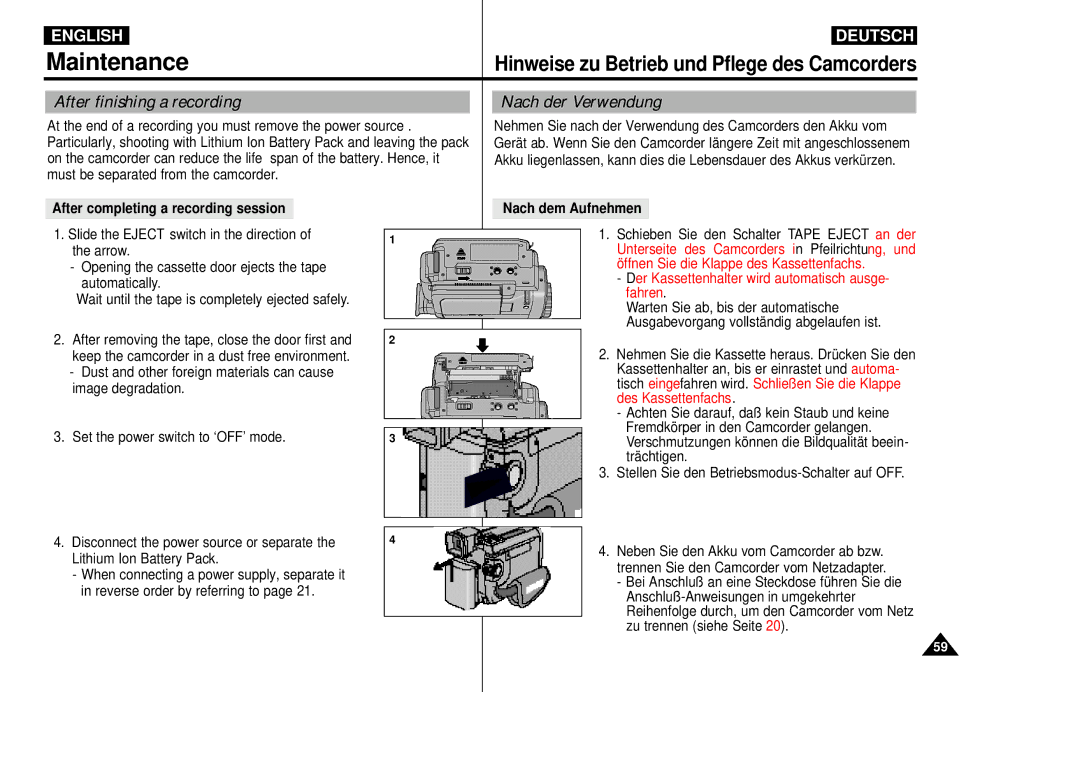 Samsung VP-D55, VP-D60, VP-D65 manual After finishing a recording, Nach der Verwendung, Set the power switch to ‘OFF’ mode 