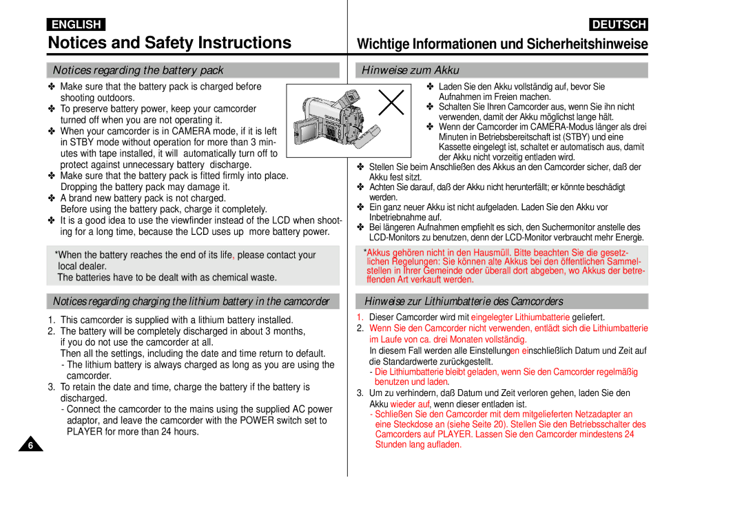 Samsung VP-D55, VP-D60, VP-D65 Wichtige Informationen und Sicherheitshinweise, Hinweise zur Lithiumbatterie des Camcorders 