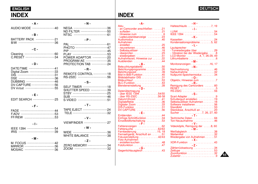 Samsung VP-D55, VP-D60, VP-D65 manual Index 