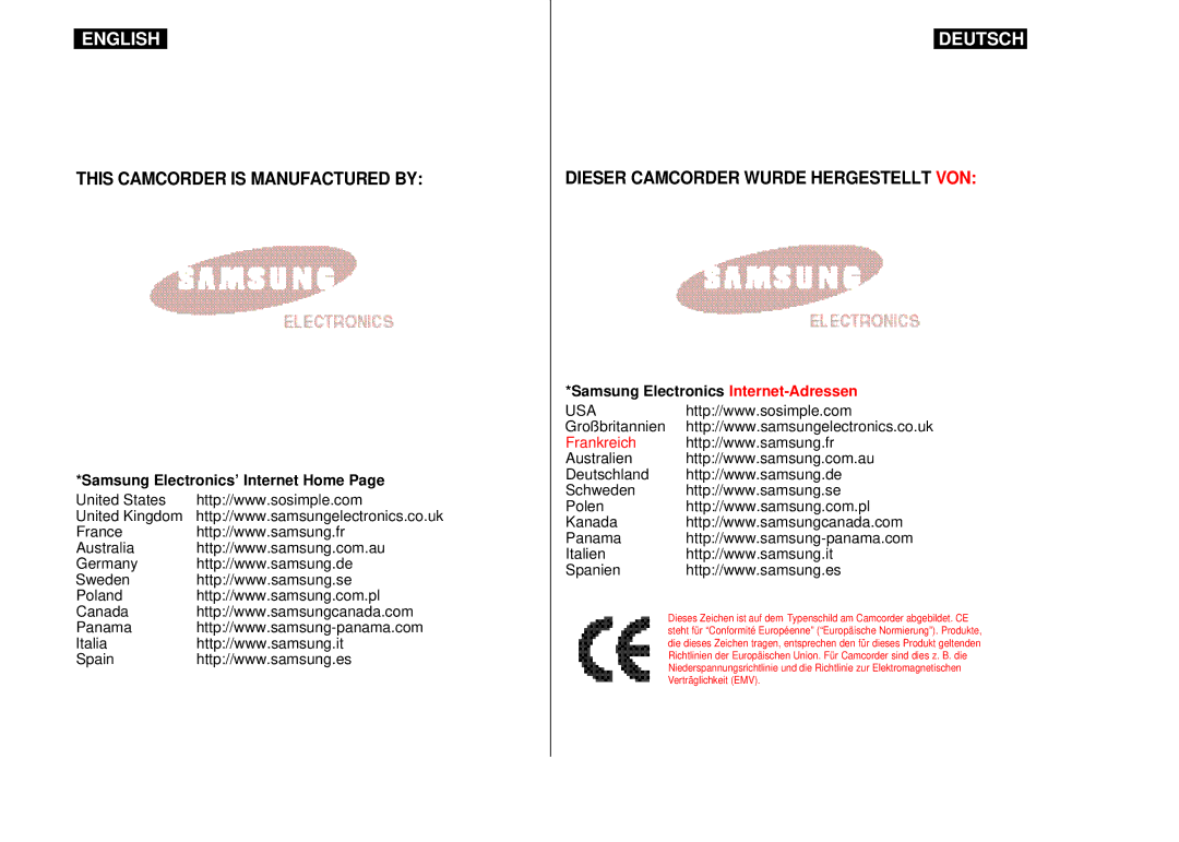 Samsung VP-D55, VP-D60, VP-D65 manual Dieser Camcorder Wurde Hergestellt VON, Samsung Electronics’ Internet Home 